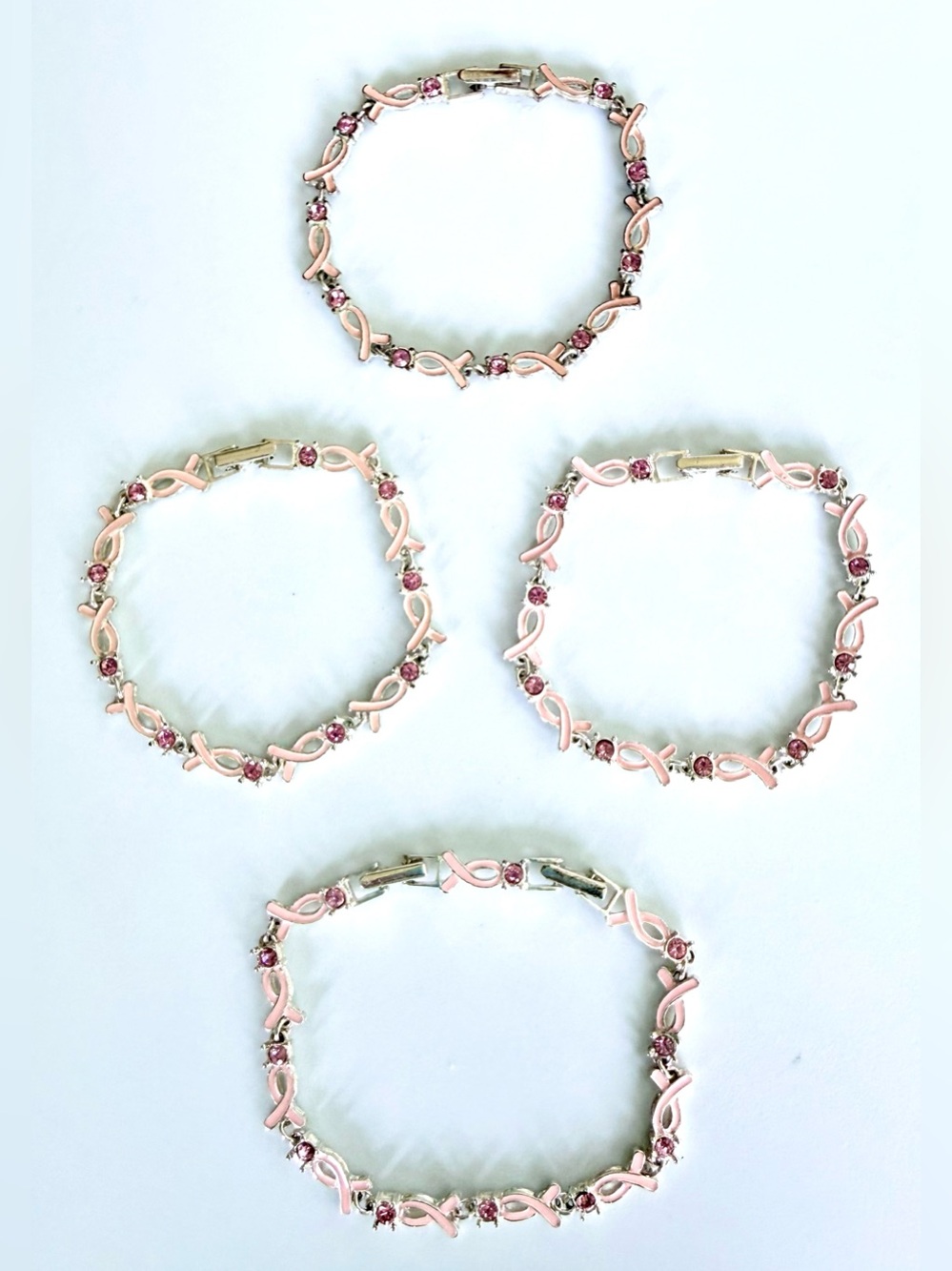 *4* AVON Vintage Breast Cancer Awareness Enamel Pink Ribbon Rhinestone Bracelet